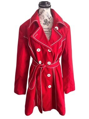 Red Waterproof Trench Coat Belted Double Breasted Jacket Military Size XL